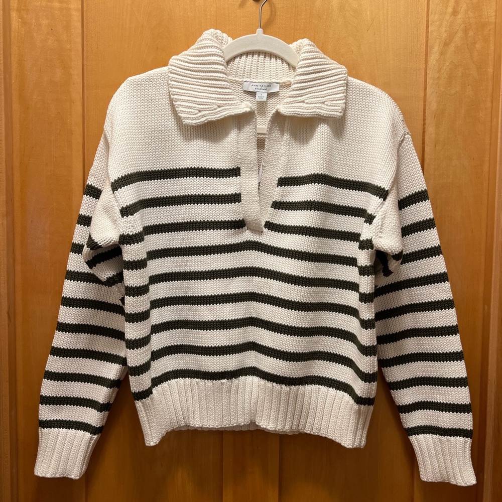 NWT Ann Taylor Weekend Cream Cowl Neck Sweater with Green Stripes